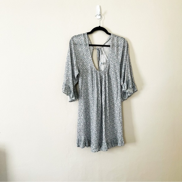 EBERJEY Ruffled 3/4 Sleeves Printed Tunic Cover Up Dress Light Blue Small - Picture 3 of 4